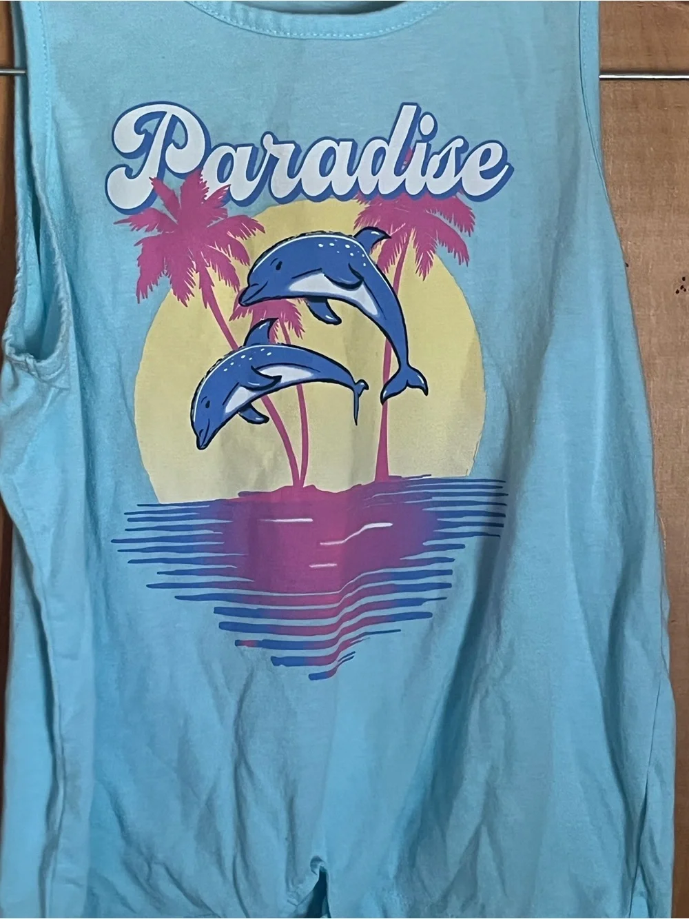 Place Light Blue Tank Top with Dolphin Paradise Graphic